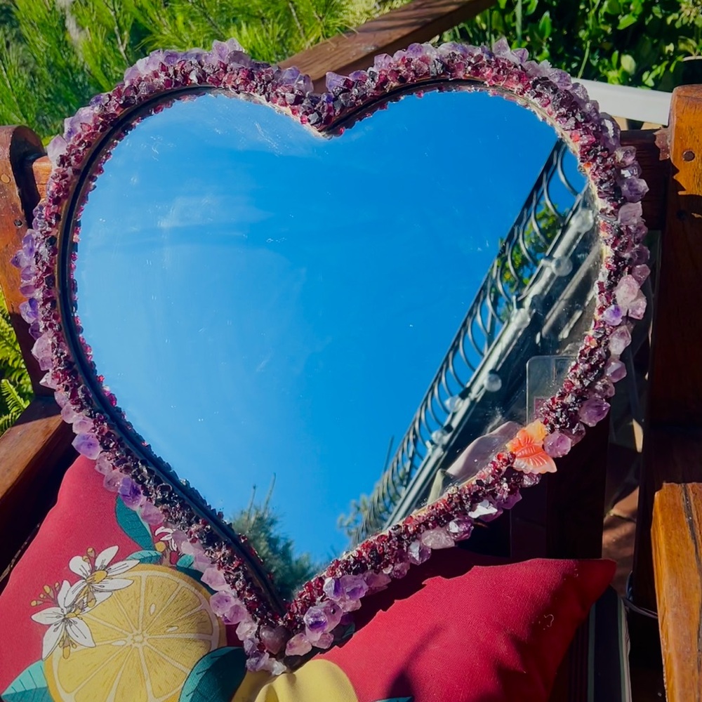 Amethyst & Garnet Encrusted Heart Shaped Wall Hanging Mirror 18inx16in
